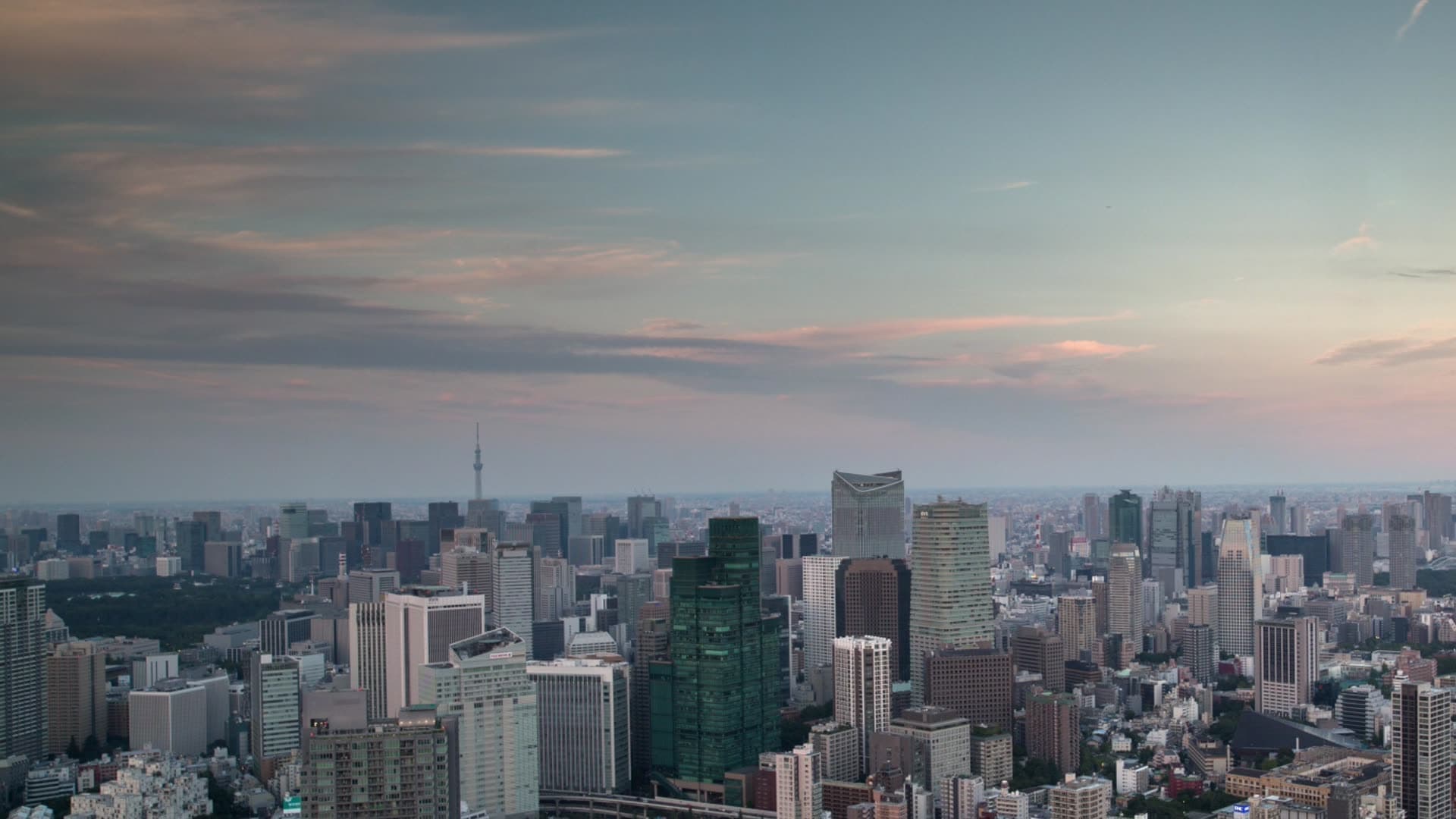 City skyline beneath a soft evening sky